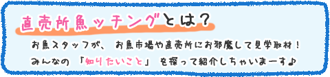 直売所魚ッチングとは？お魚スタッフが、お魚市場や直売所にお邪魔して見学取材！みんなの「知りたいこと」を探って紹介しちゃいまーす♪